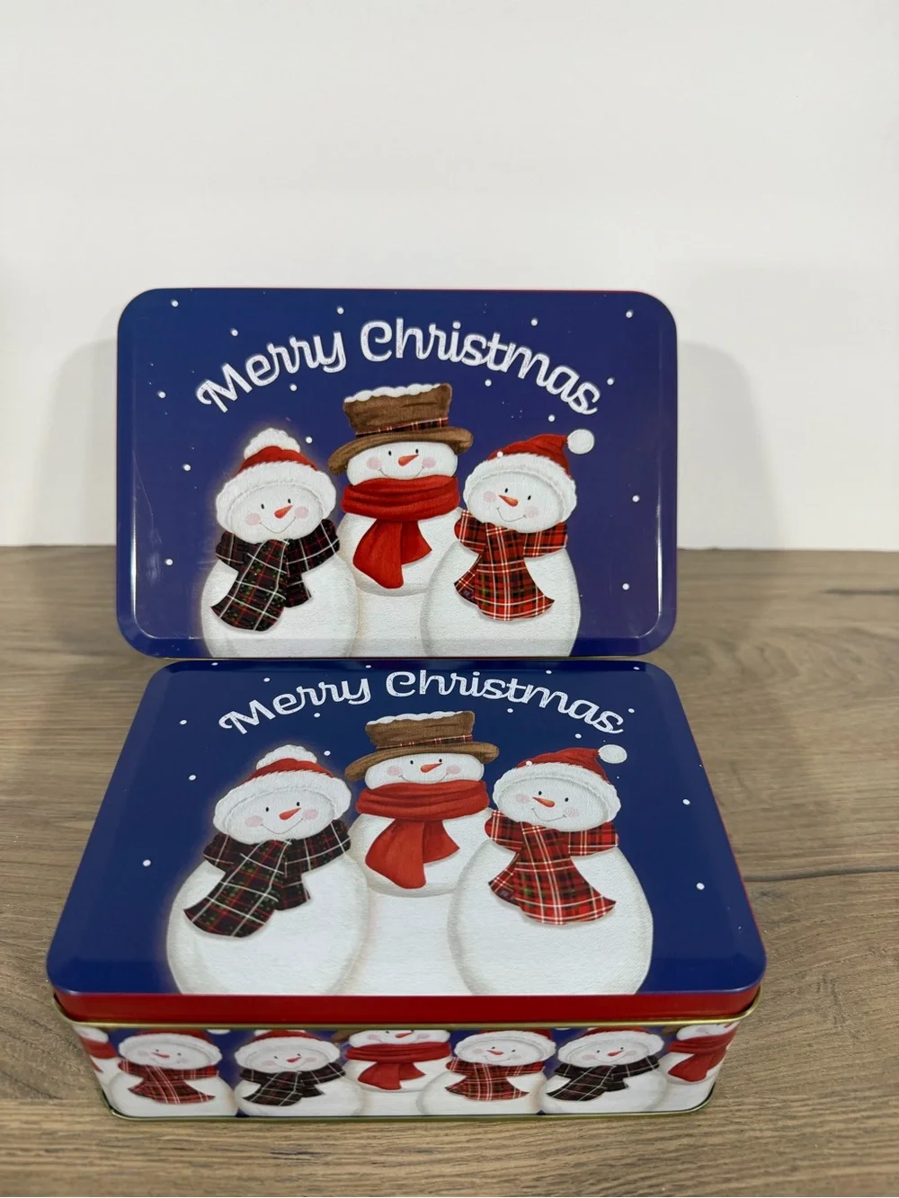 2 Holiday Snowman Tin - Merry Christmas Blue. 1 big&1 small